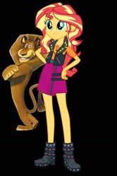 Size: 550x826 | Tagged: safe, sunset shimmer, big cat, human, lion, equestria girls, g4, 1000 hours in ms paint, alex the lion, black background, crossover, crossover shipping, friendshipping, madagascar (dreamworks), simple background