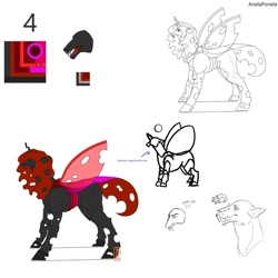 Size: 1024x1024 | Tagged: safe, artist:anelaponela, oc, changeling, changeling queen, changeling queen oc, female, red changeling, redesign, reference sheet, translated in the comments, travelersverse