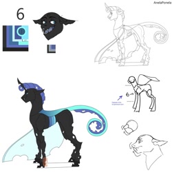 Size: 1024x1024 | Tagged: safe, artist:anelaponela, oc, changeling, changeling queen, blue changeling, changeling queen oc, female, redesign, reference sheet, translated in the comments, travelersverse