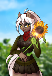 Size: 1600x2328 | Tagged: safe, artist:imbrina, oc, oc only, oc:krasnyy, pegasus, anthro, anthro oc, female, flower, girls und panzer, looking at you, pravda, solo, sunflower, wingless, wingless anthro