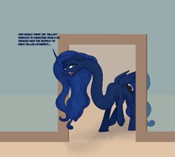 Size: 1280x1146 | Tagged: safe, artist:astr0zone, princess luna, alicorn, pony, g4, annoyed, dialogue, disgruntled, doorway, ducking, female, floppy ears, impossibly long neck, long neck, mare, necc, open mouth, princess luneck, raised hoof, solo, twisted neck, upset