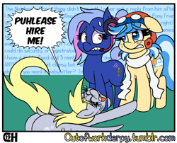 Size: 500x404 | Tagged: safe, artist:outofworkderpy, derpy hooves, oc, oc:bit rate, oc:easy breezy, earth pony, pegasus, pony, g4, aviator goggles, aviator hat, awkward, begging, butt, crying, dialogue, dock, female, floppy ears, freckles, goggles, hat, headset, lip bite, looking at each other, mare, plot, speech bubble, spread wings, standing, trio, wings
