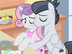 Size: 2079x1578 | Tagged: safe, artist:amgiwolf, artist:lunaticdawn, rumble, sweetie belle, pegasus, pony, unicorn, g4, base used, bipedal, blushing, bowl, cheek kiss, clothes, cutie mark, eyes closed, female, food, horn, housewife, hug, hug from behind, kissing, kitchen, male, mare, older, older sweetie belle, one eye closed, ship:rumbelle, shipping, show accurate, sink, smiling, stallion, straight, the cmc's cutie marks