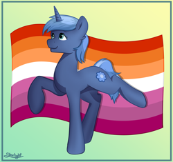 Size: 2130x2000 | Tagged: safe, artist:starlight, oc, oc only, oc:double colon, pony, unicorn, colored lineart, commission, flag, gradient background, high res, lesbian pride flag, pride, pride flag, raised hoof, signature, solo, ych result