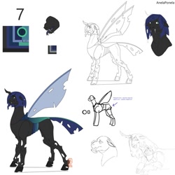 Size: 1024x1024 | Tagged: safe, artist:anelaponela, oc, changeling, changeling queen, blue changeling, changeling queen oc, female, redesign, reference sheet, travelersverse