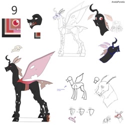Size: 1024x1024 | Tagged: safe, artist:anelaponela, oc, changeling, changeling queen, changeling queen oc, concave belly, female, long legs, pink changeling, redesign, reference sheet, skinny, thin, translated in the comments, travelersverse