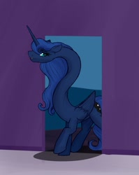 Size: 1017x1280 | Tagged: safe, artist:astr0zone, princess luna, alicorn, pony, g4, doorway, ducking, female, impossibly long neck, long neck, looking at you, mare, necc, open mouth, princess luneck, raised hoof, smiling, solo, stretchy, twisted neck