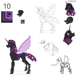 Size: 1024x1024 | Tagged: safe, artist:anelaponela, oc, changeling, changeling queen, changeling queen oc, female, purple changeling, redesign, reference sheet, translated in the comments, travelersverse