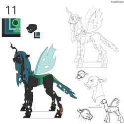 Size: 1024x1024 | Tagged: safe, artist:anelaponela, queen chrysalis, changeling, changeling queen, g4, female, redesign, reference sheet, translated in the comments, travelersverse