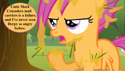 Size: 1280x726 | Tagged: safe, edit, edited screencap, editor:korora, screencap, scootaloo, g4, the cutie mark chronicles, implied derpy, noodle incident, speech, speech bubble, talking, tree, tree sap and pine needles