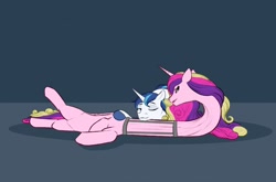 Size: 1280x845 | Tagged: safe, artist:astr0zone, princess cadance, shining armor, alicorn, pony, unicorn, g4, female, hoof on neck, husband and wife, impossibly long neck, long neck, looking at each other, lying on top of someone, male, mare, married couple, necc, neck brace, neck stretching, on back, one eye closed, open mouth, prone, relaxing, ship:shiningcadance, shipping, smiling, stallion, straight, stretchy, twisted neck