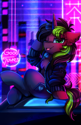 Size: 1936x2989 | Tagged: safe, artist:pridark, oc, oc only, oc:inky, pony, unicorn, clothes, female, high res, jacket, looking at you, mare, neon, one eye closed, patreon, patreon reward, solo, tongue out