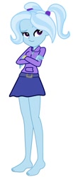 Size: 337x819 | Tagged: safe, artist:gmaplay, edit, editor:thomasfan45, trixie, human, equestria girls, g4, alternate hairstyle, babysitter trixie, barefoot, belt, clothes, crossed arms, cute, feet, female, hoodie, legs, pigtails, simple background, skirt, smiling, smirk, solo, twintails, vector, white background