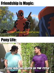 Size: 1680x2280 | Tagged: safe, edit, edited screencap, screencap, human, g4.5, my little pony: pony life, barely pony related, deadpool, impact font, irl, irl human, male, markiplier, meme, photo, spider-man, text, tyler scheid, ultimate spider-man