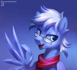 Size: 3300x3000 | Tagged: safe, artist:jedayskayvoker, oc, oc only, oc:daily air, pegasus, pony, bust, clothes, cute, glasses, gradient background, handsome, high res, male, ok hand sign, okay, open mouth, scarf, solo, stallion, wing hands, wings, 👌