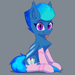 Size: 1500x1500 | Tagged: safe, artist:glazirka, oc, oc only, oc:lightning star, bat pony, pony, bat pony oc, bat wings, butt fluff, cheek fluff, chest fluff, clothes, cute, cute little fangs, ear fluff, fangs, female, gray background, looking at you, mare, purple eyes, simple background, sitting, socks, solo, tongue out