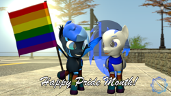 Size: 3840x2160 | Tagged: safe, artist:technickarts, oc, oc only, oc:comet chirico, oc:fate (technickarts), bat pony, 3d, bat pony oc, bat wings, couple, cute, gay pride flag, high res, pride, pride flag, pride month, source filmmaker, tongue out, translucent mane, translucent tail, volumetric light, watermark, wings