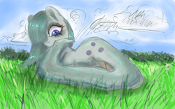 Size: 3200x2000 | Tagged: safe, artist:taika403, marble pie, lamia, original species, snake, snake pony, g4, biting, cloud, cute, danger noodle, female, grass, high res, lamiafied, nom, outdoors, snek, solo, species swap, tail bite