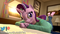 Size: 2880x1620 | Tagged: safe, artist:shadowboltsfm, starlight glimmer, unicorn, anthro, plantigrade anthro, g4, 3d, barefoot, bed, clothes, cute, eyelashes, feet, glimmerbetes, high res, jeans, looking at you, lying on bed, nail polish, on bed, pants, smiling, source filmmaker, the pose