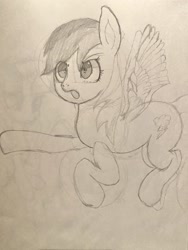 Size: 1536x2048 | Tagged: safe, artist:tohupo, rainbow dash, pegasus, pony, g4, female, flying, mare, monochrome, sketch, solo, traditional art