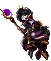 Size: 1024x1223 | Tagged: safe, artist:pridark, oc, oc only, oc:lodey darkshine, earth pony, anthro, unguligrade anthro, armor, commission, eyeshadow, female, heroes of the storm, looking at you, makeup, simple background, solo, staff, transparent background