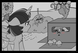 Size: 655x451 | Tagged: safe, artist:llametsul, derpy hooves, pinkie pie, twilight sparkle, alicorn, earth pony, pony, g4, atg 2020, black and white, box, bush, chest fluff, cutie mark, ear fluff, exclamation point, floppy ears, food, fourth wall, freckles, grayscale, hiding, horn, in which pinkie pie forgets how to gravity, looking back, monochrome, muffin, newbie artist training grounds, owo, pinkie being pinkie, pinkie physics, question mark, surprised, text, tree, twilight sparkle (alicorn), wings