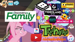 Size: 1920x1080 | Tagged: safe, edit, edited screencap, screencap, pinkie pie, twilight sparkle, alicorn, earth pony, pony, a trivial pursuit, g4, boomerang (tv channel), carousel (tv channel), cartoonito logo, discovery family, discovery family logo, itunes, littlest pet shop, littlest pet shop a world of our own, meme, minika go, minimini, nc+ go, nickelodeon, plusplus, quincy goatee, russia, ruutu, tfou max, tiji, tiny pop, treehouse logo, treehouse tv, twilight sparkle (alicorn), videoland, youku, youtube
