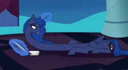 Size: 1280x699 | Tagged: safe, artist:astr0zone, princess luna, alicorn, pony, g4, book, cup, female, food, glowing horn, happy, hoof on neck, horn, impossibly long neck, levitation, long neck, looking at self, looking back, luna's room, magic, mare, massaging, necc, open mouth, princess luneck, prone, rubbing, smiling, solo, stretchy, tea, teacup, telekinesis