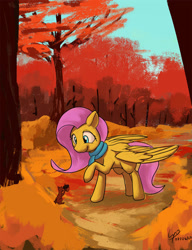 Size: 1185x1545 | Tagged: safe, artist:cyonixcymatro, fluttershy, pegasus, pony, squirrel, g4, acorn, atg 2020, autumn, clothes, duo, female, forest, looking at someone, looking down, mare, newbie artist training grounds, outdoors, raised hoof, scarf, smiling, spread wings, standing, tree, wings