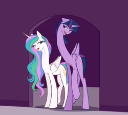 Size: 1280x1152 | Tagged: safe, artist:astr0zone, princess celestia, twilight sparkle, alicorn, pony, g4, doorway, duo, duo female, female, impossibly long legs, impossibly long neck, lidded eyes, long legs, long neck, looking at each other, mare, necc, open mouth, princess necklestia, raised hoof, smiling, stretched, stretchy, tall, twilight sparkle (alicorn)