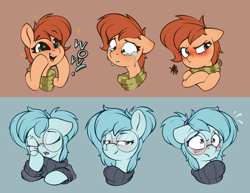 Size: 1982x1528 | Tagged: safe, artist:rexyseven, oc, oc only, oc:rusty gears, oc:whispy slippers, earth pony, pony, blushing, clothes, crying, female, freckles, glasses, mare, sweater