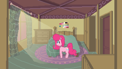 Size: 1280x720 | Tagged: safe, artist:husdur, pinkie pie, earth pony, pony, g4, bed, bedroom, critique requested, interior, pixel art
