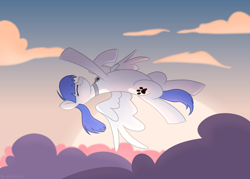 Size: 1400x1000 | Tagged: safe, artist:hi_im_cranberry, oc, oc only, oc:snow pup, pegasus, pony, backflip, cloud, collar, commission, flying, midair, paw prints, pet tag, reaching, sky, solo, sunrise, wings, ych result