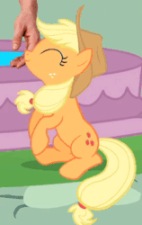 Size: 246x389 | Tagged: safe, edit, edited screencap, editor:hotkinkajou, screencap, applejack, earth pony, human, pony, a bird in the hoof, g4, season 1, animated, apple, applejack's hat, balancing, behaving like a cat, cowboy hat, cropped, cute, disembodied hand, female, hand, hat, hotkinkajou is trying to murder us, jackabetes, mare, nuzzling, perfect loop, petting, silly, silly pony, sitting, solo focus, who's a silly pony