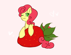 Size: 1267x983 | Tagged: safe, artist:pandoraqueens, strawberry sunrise, pony, g4, cute, female, food, heart, irl, looking at you, mare, no pupils, one eye closed, photo, pink background, ponies in real life, simple background, solo, strawberry, wink
