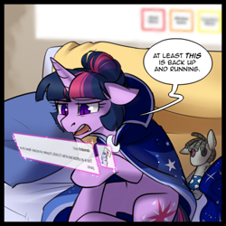 Size: 500x500 | Tagged: safe, artist:cosmalumi, smarty pants, twilight sparkle, pony, unicorn, tumblr:ask queen moon, g4, alternate universe, doll, female, hair bun, hologram, mare, slit pupils, solo, speech bubble, toy, unicorn twilight