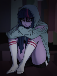 Size: 627x845 | Tagged: safe, artist:nairdags, sci-twi, twilight sparkle, equestria girls, g4, clothes, crying, female, gym shorts, hoodie, missing shoes, sad, shorts, socks, solo