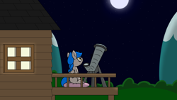 Size: 1920x1080 | Tagged: safe, artist:spritepony, oc, oc only, oc:sprite, alicorn, pony, alicorn oc, horn, house, looking up, newbie artist training grounds, night, sitting, solo, sprite's ponyville house, stargazing, telescope, wings