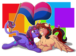 Size: 3000x2200 | Tagged: safe, artist:jack-pie, oc, oc only, pegasus, pony, bisexual pride flag, colored wings, duo, flag, high res, multicolored wings, one eye closed, open mouth, pride, pride flag, pride month, smiling, teeth, wings