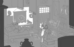Size: 2902x1842 | Tagged: safe, artist:mellowhen, oc, oc:syntax, oc:tough cookie, pony, unicorn, antique shop, book, bookshelf, chubby, clothes, cookie, cookie jar, couch, female, food, glasses, hat, male, mare, monochrome, plump, relics, shop, stallion, tapestry, vase, vest