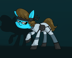Size: 1997x1606 | Tagged: safe, artist:moonatik, oc, oc only, oc:modular, earth pony, pony, art trade, bag, bandana, boots, clothes, earth pony oc, glasses, gloves, headband, male, metal gear solid, saddle bag, shoes, solid snake, solo, stallion