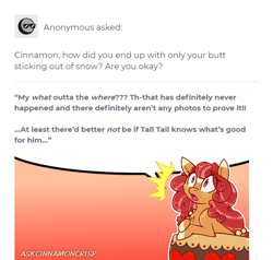 Size: 560x534 | Tagged: safe, artist:esmeia, oc, oc only, oc:cinnamon crisp, earth pony, pony, :o, ask, earth pony oc, female, freckles, mare, open mouth, surprised, tumblr
