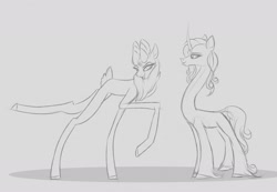 Size: 1280x886 | Tagged: safe, artist:astr0zone, oleander (tfh), velvet (tfh), classical unicorn, deer, pony, reindeer, unicorn, them's fightin' herds, cloven hooves, community related, curved horn, doe, duo, duo female, female, horn, impossibly long legs, impossibly long neck, lanky, leggy, leonine tail, long legs, long neck, looking at each other, looking sideways, mare, necc, open mouth, pose, raised hoof, raised leg, sketch, skinny, smiling, stretchy, tall, thin, unshorn fetlocks
