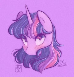 Size: 500x519 | Tagged: safe, artist:latiatonta, twilight sparkle, pony, g4, blushing, bust, cute, eye clipping through hair, female, head only, mare, portrait, purple background, simple background, solo, twiabetes