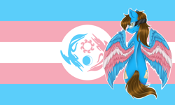 Size: 2500x1500 | Tagged: safe, artist:wolfpaintruth, oc, oc only, pegasus, pony, flag, flag of equestria, looking at you, looking back, pride, pride flag, pride month, transgender pride flag