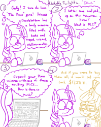 Size: 4779x6013 | Tagged: safe, artist:adorkabletwilightandfriends, moondancer, twilight sparkle, alicorn, pony, unicorn, comic:adorkable twilight and friends, g4, adorkable, adorkable twilight, comic, commentary, computer, cute, dlc, dork, expansion pack, expensive, female, frustrated, funny, humor, laptop computer, mare, mug, simulator, sitting, the sims, twilight sparkle (alicorn), video game