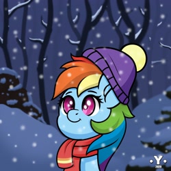 Size: 1980x1980 | Tagged: safe, artist:yelowcrom, rainbow dash, pegasus, pony, g4, beanie, clothes, female, forest, hat, mare, scarf, snow, snowfall, solo, tree, winter