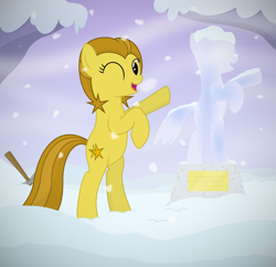 Size: 3000x2900 | Tagged: safe, artist:devfield, oc, oc only, oc:golden star, earth pony, pony, g4, atg 2020, cliff, dock, female, high res, ice, ice sculpture, mare, monument, newbie artist training grounds, one eye closed, open mouth, pickaxe, plaque, pose, show accurate, sky, snow, snowfall, two toned mane, two toned tail, wind, wink, winter