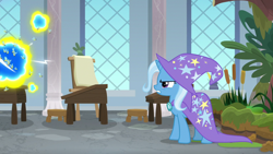 Size: 1920x1080 | Tagged: safe, screencap, trixie, bee, flash bee, pony, unicorn, a horse shoe-in, g4, cape, clothes, desk, determined, female, hat, mare, stool, trixie's cape, trixie's hat