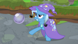 Size: 1920x1080 | Tagged: safe, screencap, trixie, pony, unicorn, a horse shoe-in, g4, burnt mane, cape, clothes, female, hat, mare, scorched, smoke bomb, solo, trixie's cape, trixie's hat